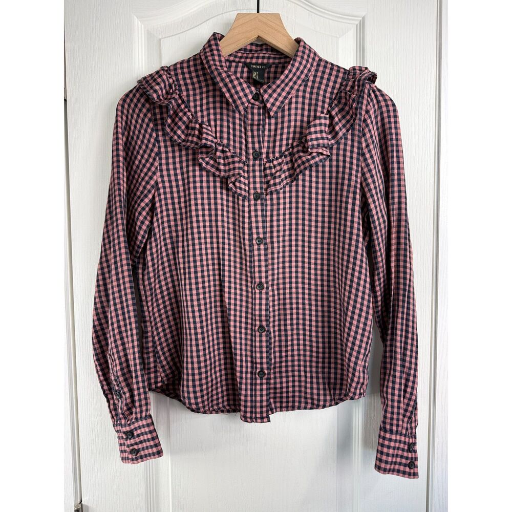 Forever 21 Women's Long Sleeve Ruffle Pink Gingham Button Up Shirt Size M Medium